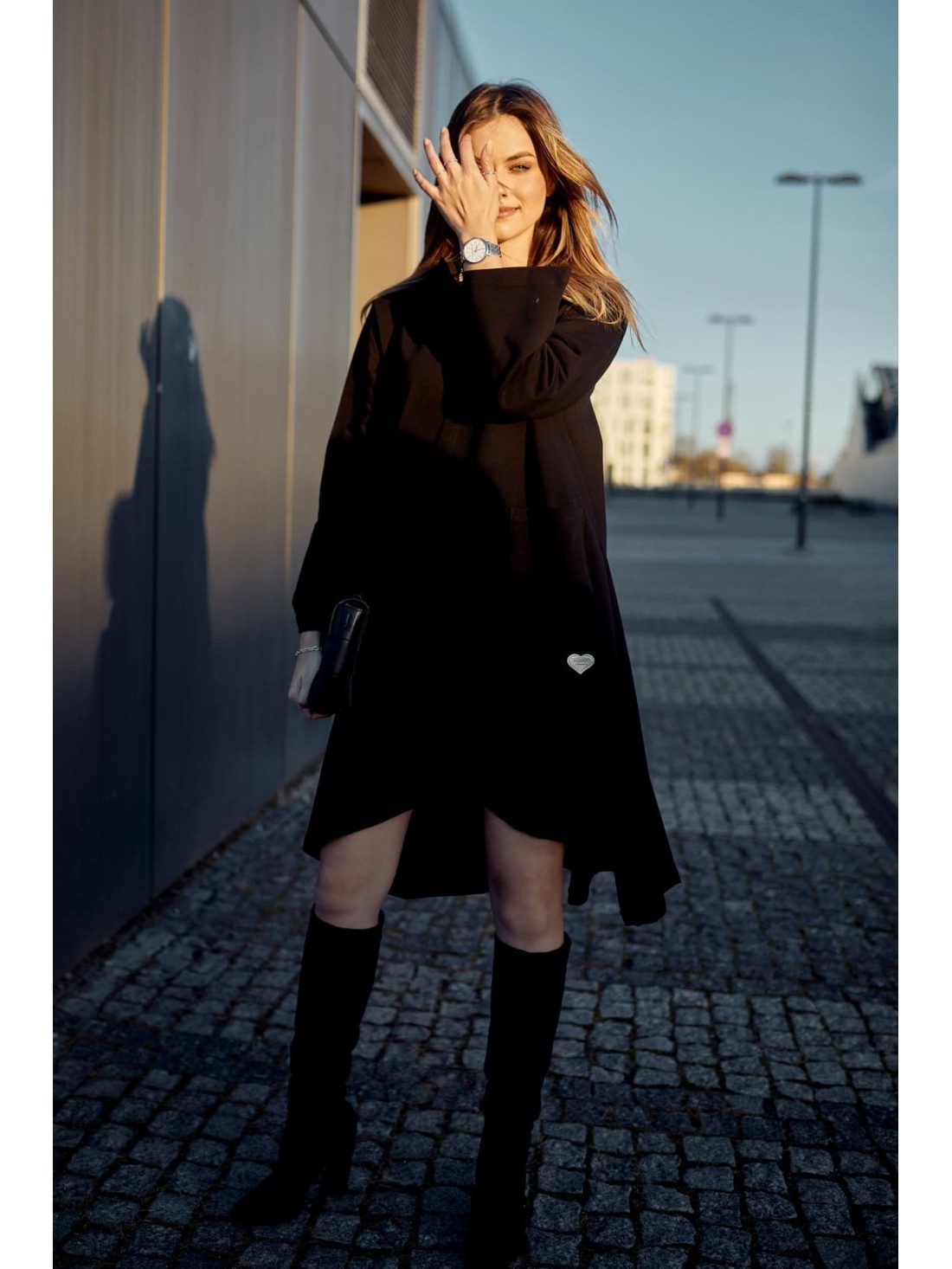 Trapezoidal dress with a wide turtleneck, black FI699 - Online store - Boutique